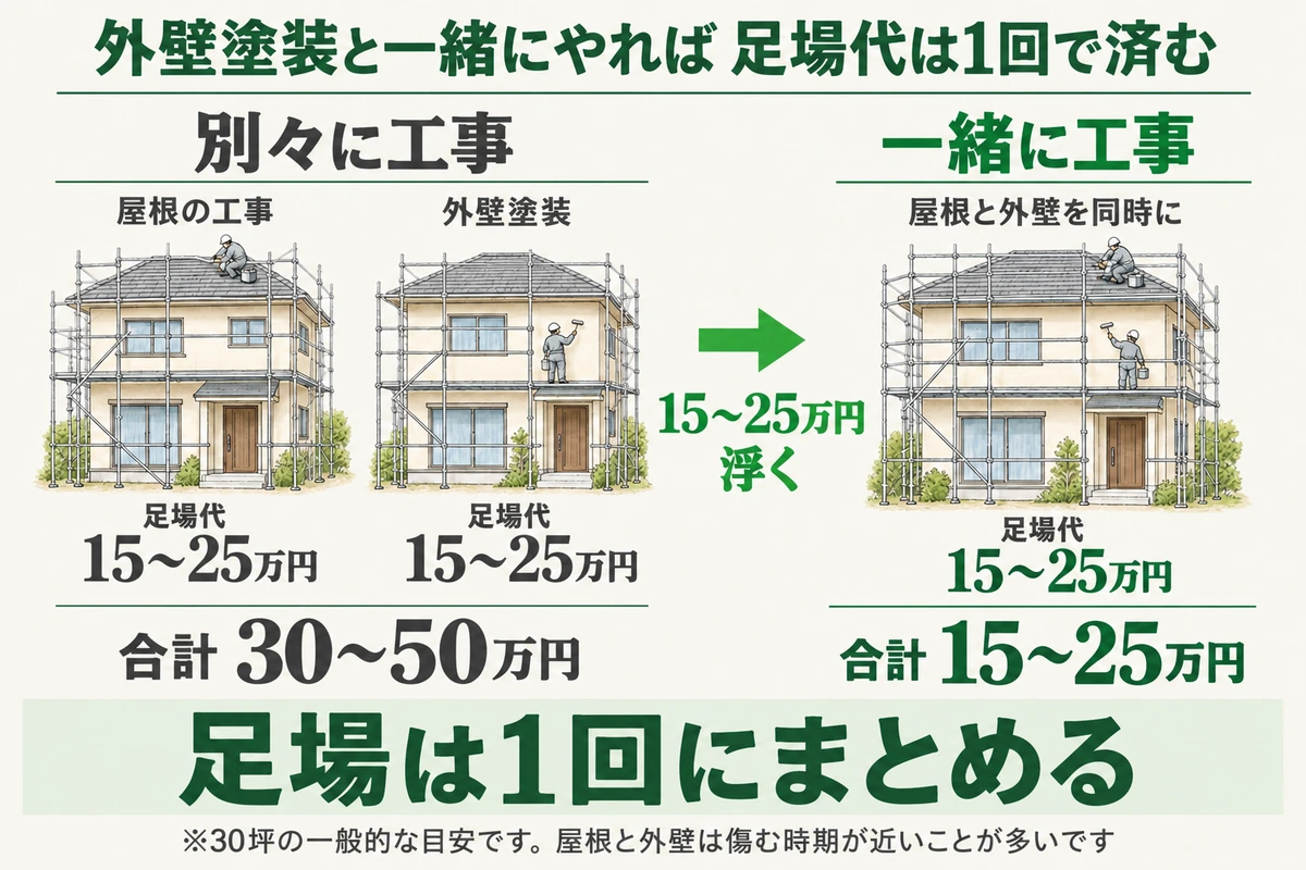 屋根の葺き替えと外壁塗装を別々に工事すると足場代15〜25万円が2回かかり合計30〜50万円になるが、一緒に工事すれば1回の15〜25万円で済み、15〜25万円浮くことを示した図