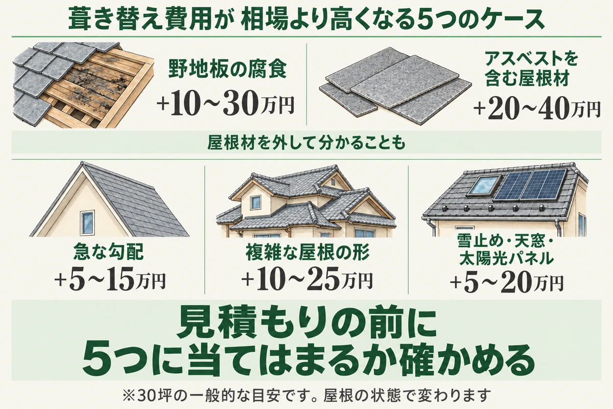 屋根葺き替え費用が相場より高くなる5つのケースを示した図。野地板の腐食で10〜30万円、アスベストを含む屋根材で20〜40万円、急な勾配で5〜15万円、複雑な屋根の形で10〜25万円、雪止め・天窓・太陽光パネルで5〜20万円が上乗せの目安