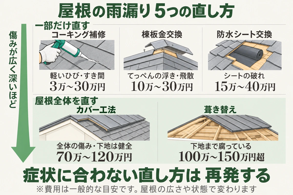 屋根の雨漏りの5つの直し方を示した図。一部だけ直すのはコーキング補修(軽いひび・すき間、3万〜30万円)、棟板金交換(てっぺんの浮き・飛散、10万〜30万円)、防水シート交換(シートの破れ、15万〜40万円)。屋根全体を直すのはカバー工法(全体の傷み・下地は健全、70万〜120万円)と葺き替え(下地まで腐っている、100万〜150万円超)