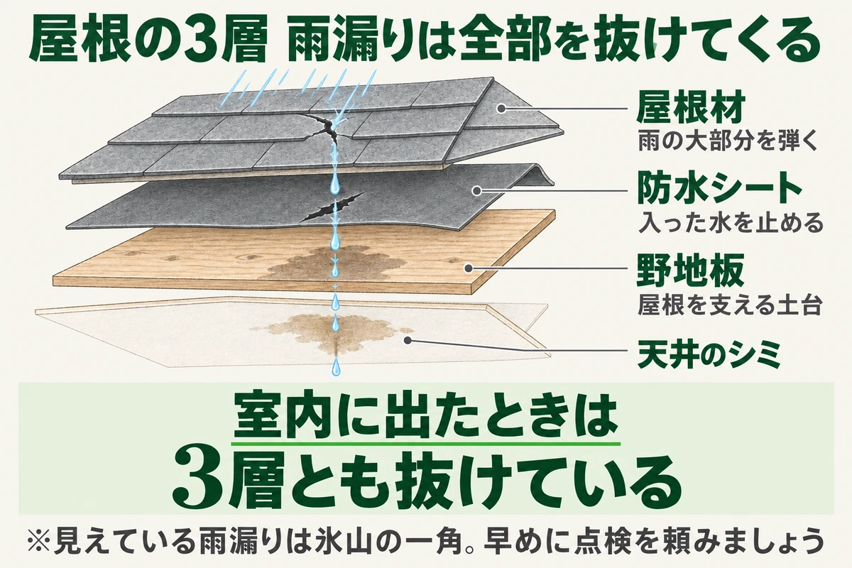 屋根の3層構造と雨漏りの進み方を示した図。雨の大部分を弾く屋根材、入った水を止める防水シート、屋根を支える土台の野地板の3層を雨水が順に抜けて天井のシミになる。室内に出たときは3層とも抜けている