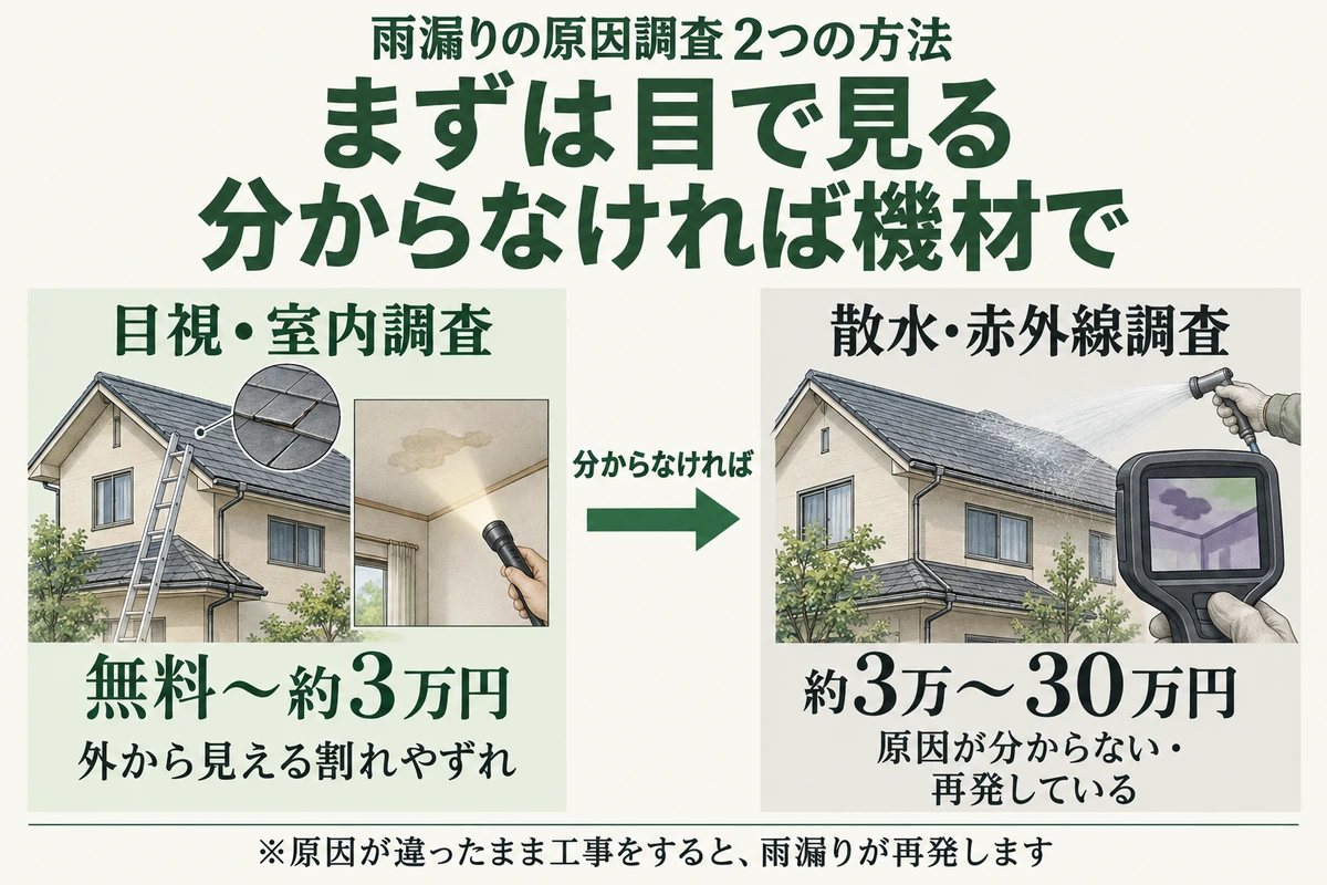 雨漏りの原因調査の2つの方法を示した図。まずは無料〜約3万円の目視・室内調査で外から見える割れやずれを確かめ、原因が分からない・再発しているときは約3万〜30万円の散水・赤外線調査を行う
