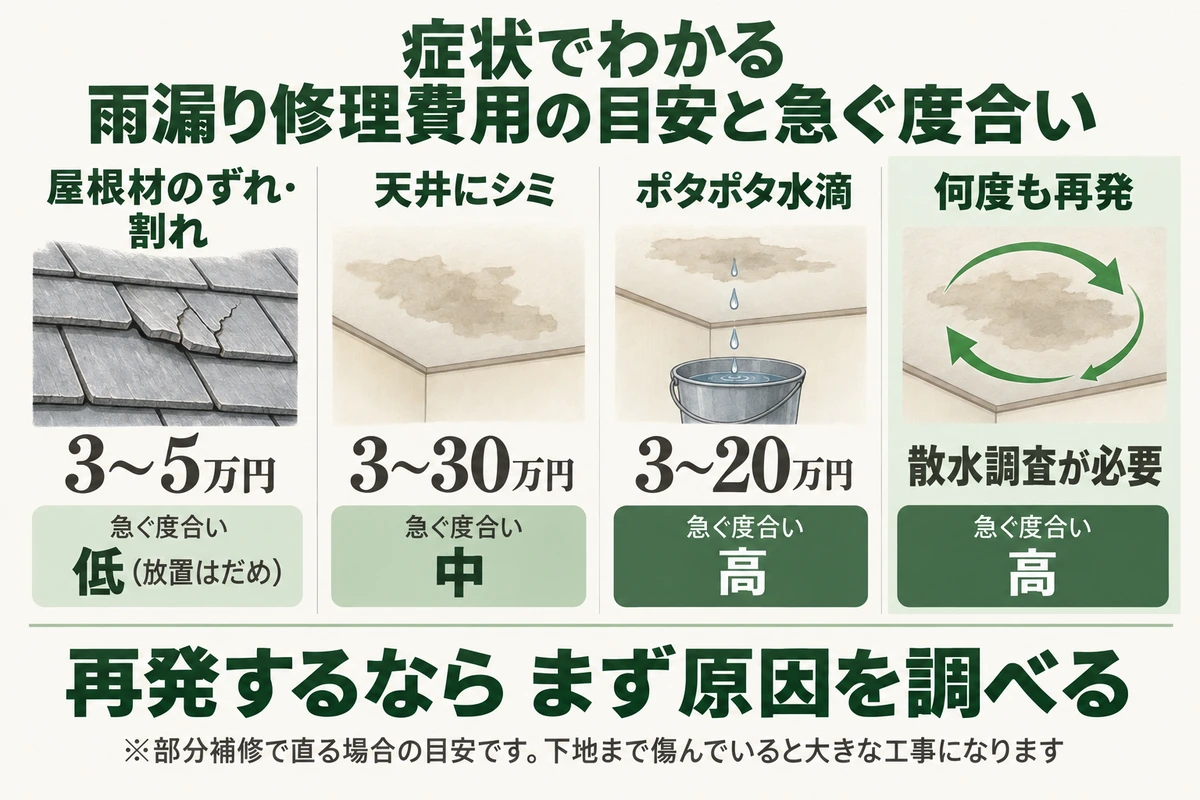 屋根の雨漏りの症状別に修理費用の目安と急ぐ度合いを示した図。屋根材のずれ・割れは3〜5万円で急ぐ度合いは低いが放置はだめ、天井のシミは3〜30万円で中、ポタポタ水滴は3〜20万円で高、何度も再発しているなら散水調査が必要で急ぐ度合いは高