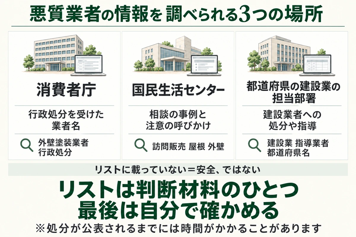 外壁塗装の悪質業者の情報を調べられる3つの場所を示した図。消費者庁では行政処分を受けた業者名、国民生活センターでは相談の事例と注意の呼びかけ、都道府県の建設業の担当部署では建設業者への処分や指導がわかる。リストに載っていないから安全とは限らず、最後は自分で確かめる