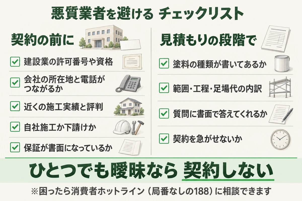 外壁塗装の悪質業者を避けるチェックリストを示した図。契約の前に、建設業の許可番号や資格、会社の所在地と電話、近くの施工実績と評判、自社施工か下請けか、保証が書面かを確かめ、見積もりの段階で、塗料の種類、範囲・工程・足場代の内訳、質問に書面で答えてくれるか、契約を急がせないかを見る。ひとつでも曖昧なら契約しない