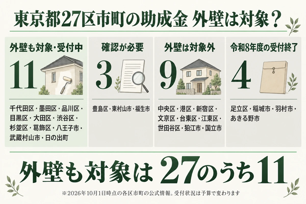 東京都27区市町の外壁塗装助成金を4つに分けた図（2026年10月1日時点）。外壁も対象で受付中は千代田区・墨田区・品川区・目黒区・大田区・渋谷区・杉並区・葛飾区・八王子市・武蔵村山市・日の出町の11、確認が必要は豊島区・東村山市・福生市の3、外壁は対象外は中央区・港区・新宿区・文京区・台東区・江東区・世田谷区・狛江市・国立市の9、令和8年度の受付終了は足立区・稲城市・羽村市・あきる野市の4