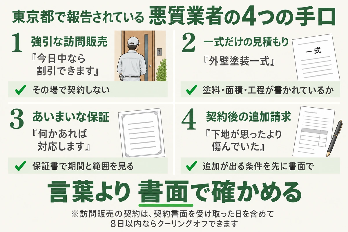 東京都で報告されている外壁塗装の悪質業者の4つの手口と身の守り方を示した図。今日中なら割引と迫る強引な訪問販売にはその場で契約せず、外壁塗装一式だけの見積もりは塗料・面積・工程が書かれているかを見て、何かあれば対応しますというあいまいな保証は保証書で期間と範囲を見て、下地が傷んでいたという契約後の追加請求は追加が出る条件を先に書面でもらう。言葉より書面で確かめる