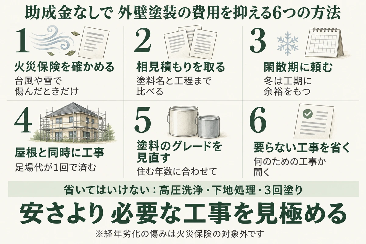 助成金なしで外壁塗装の費用を抑える6つの方法を示した図。台風や雪で傷んだときだけ火災保険を確かめる、塗料名と工程まで比べて相見積もりを取る、工期に余裕をもって冬の閑散期に頼む、屋根と同時に工事して足場代を1回で済ませる、住む年数に合わせて塗料のグレードを見直す、何のための工事か聞いて要らない工事を省く。高圧洗浄・下地処理・3回塗りは省かない