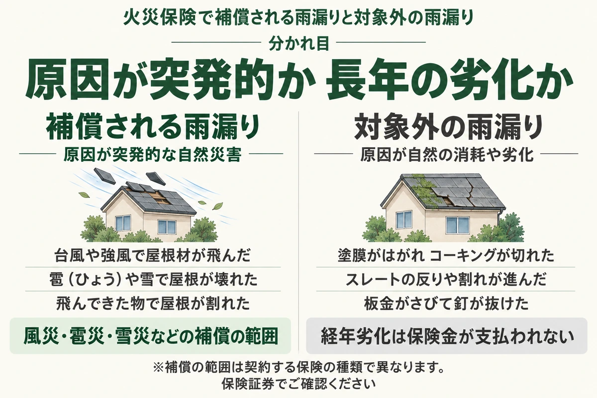 火災保険で補償されるのは風災や雹災など突発的な自然災害が原因の雨漏りで、塗膜のはがれやスレートの反りなど長年の劣化が原因の雨漏りは対象外になることを比べた図