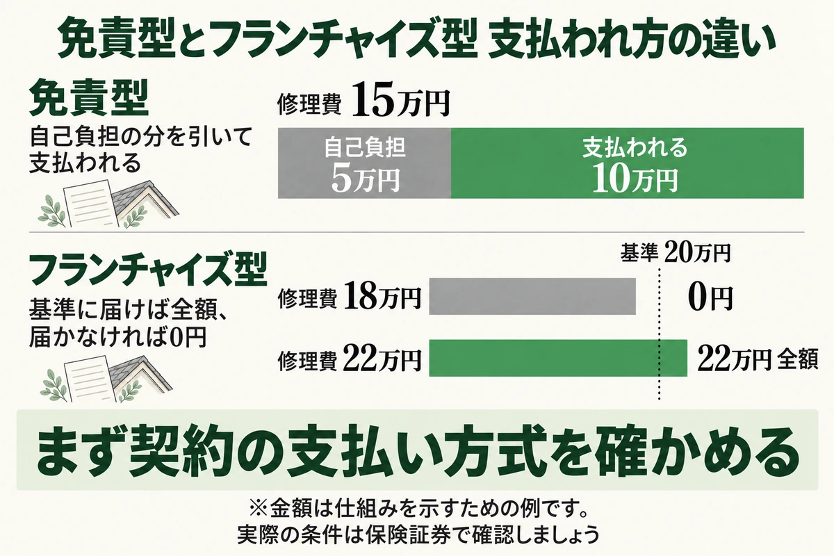 火災保険の免責型とフランチャイズ型の支払われ方を比べた図。免責5万円の免責型では修理費15万円のうち自己負担5万円を引いた10万円が支払われる。基準20万円のフランチャイズ型では修理費18万円なら0円、22万円なら全額が支払われる