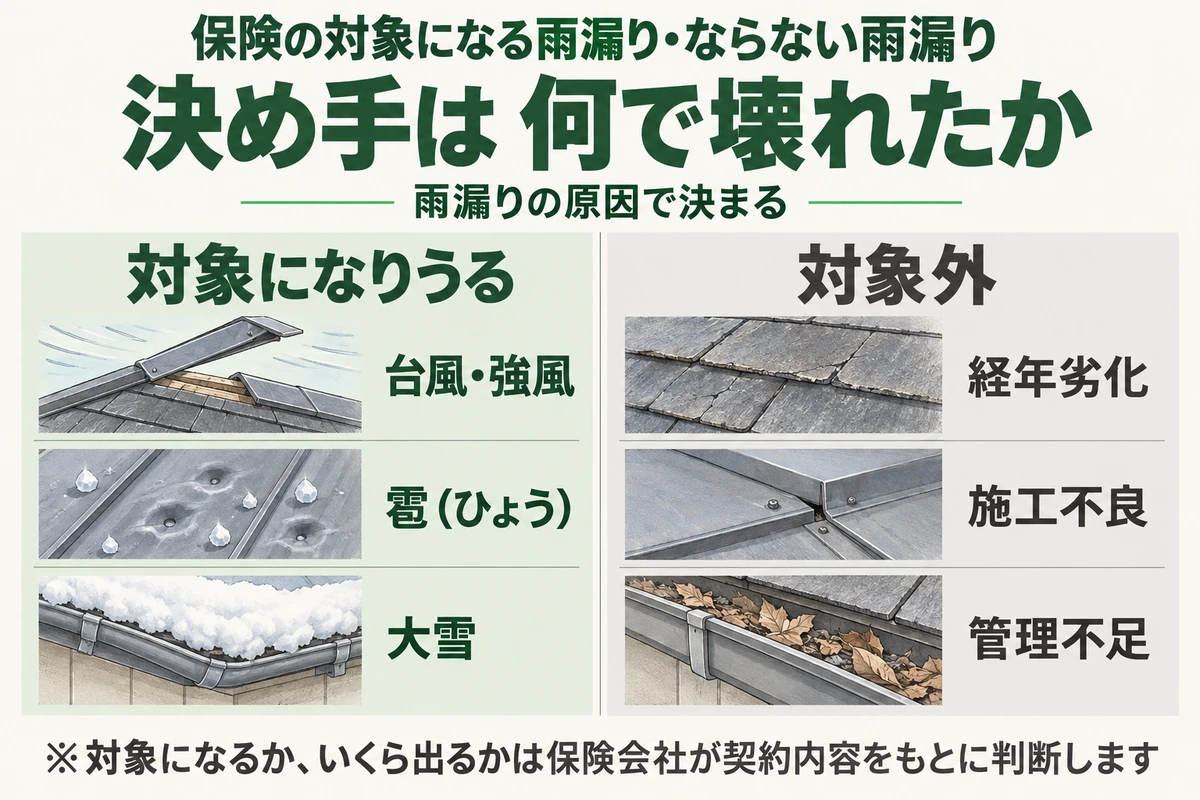 火災保険の対象になる雨漏りとならない雨漏りを比べた図。台風・強風、雹、大雪で壊れたところからの雨漏りは対象になりうるが、経年劣化、施工不良、管理不足による雨漏りは対象外。決め手は何で壊れたか