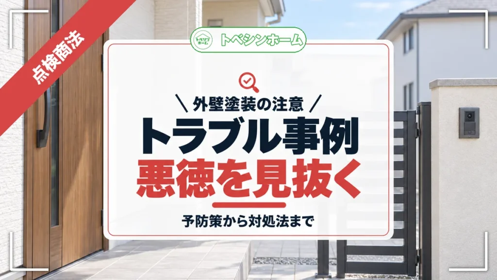 外壁塗装の注意｜トラブル事例悪徳を見抜く｜予防策から対処法まで（トベシンホームのコラム「外壁塗装のトラブル事例5選！悪徳業者の見抜き方や予防方法・対処法まで」のアイキャッチ画像）