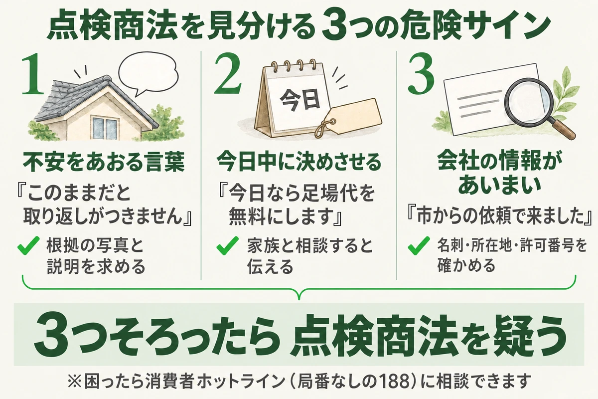 点検商法を見分ける3つの危険サインを示した図。『このままだと取り返しがつきません』と不安をあおる言葉には根拠の写真と説明を求め、『今日なら足場代を無料にします』と今日中に決めさせるなら家族と相談すると伝え、『市からの依頼で来ました』など会社の情報があいまいなら名刺・所在地・許可番号を確かめる