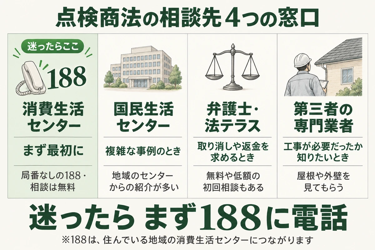 点検商法の相談先4つの窓口を示した図。まず最初は局番なしの188で消費生活センターに無料で相談し、複雑な事例は国民生活センター、取り消しや返金を求めるときは弁護士や法テラス、工事が必要だったか知りたいときは第三者の専門業者に屋根や外壁を見てもらう