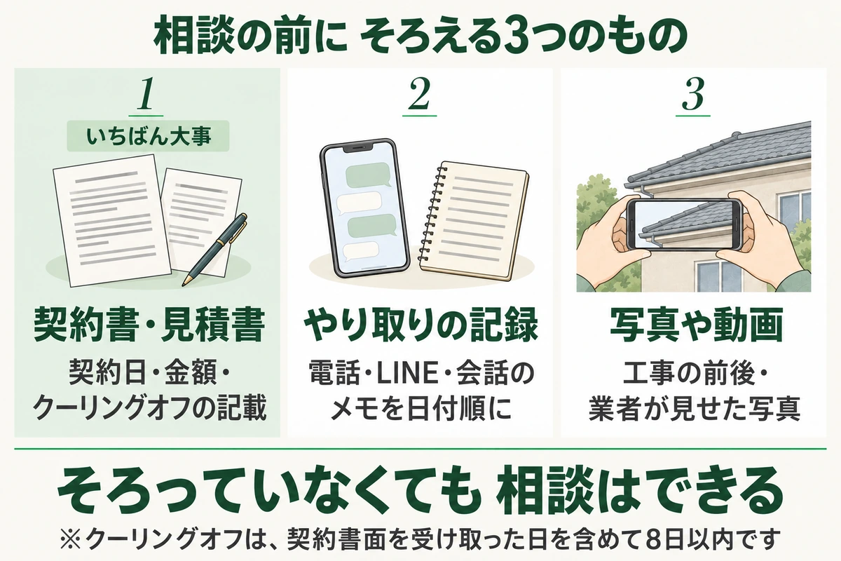 点検商法の相談の前にそろえる3つのものを示した図。契約日・金額・クーリングオフの記載を確かめる契約書・見積書がいちばん大事で、電話・LINE・会話のメモを日付順にしたやり取りの記録、工事の前後や業者が見せた写真や動画もそろえる。そろっていなくても相談はできる
