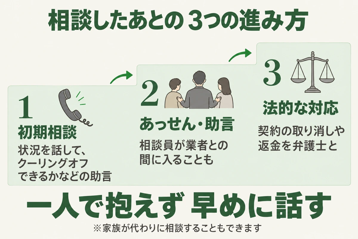 点検商法を相談したあとの3つの進み方を示した図。初期相談で状況を話してクーリングオフできるかなどの助言を受け、必要なら相談員が業者との間に入るあっせんへ進み、解決しなければ契約の取り消しや返金を弁護士と進める法的な対応になる。家族が代わりに相談することもできる