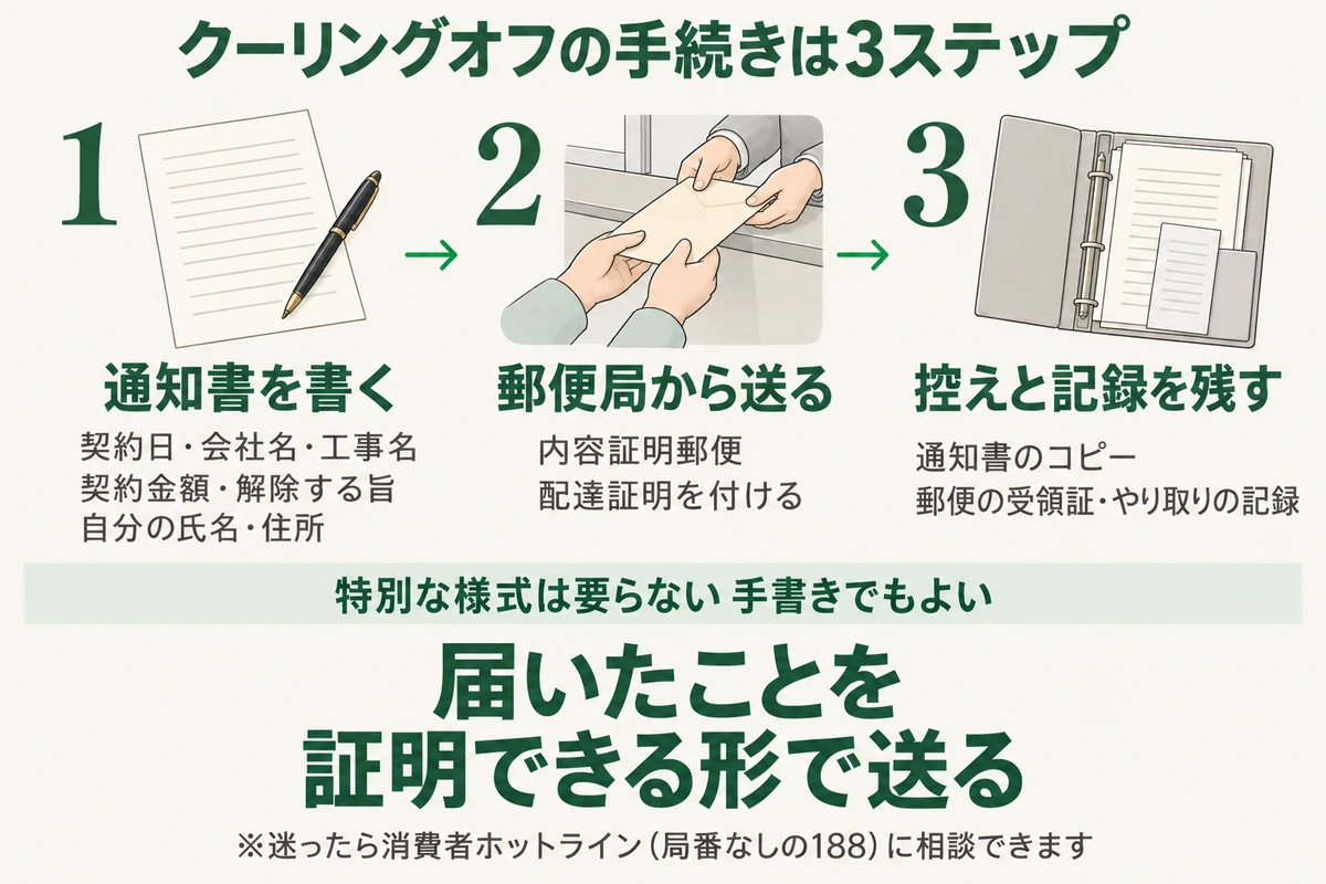 クーリングオフの手続き3ステップを示した図。契約日・会社名・工事名・契約金額・解除する旨・自分の氏名と住所を書いた通知書を、配達証明付きの内容証明郵便で送り、通知書のコピーや受領証、やり取りの記録を残す