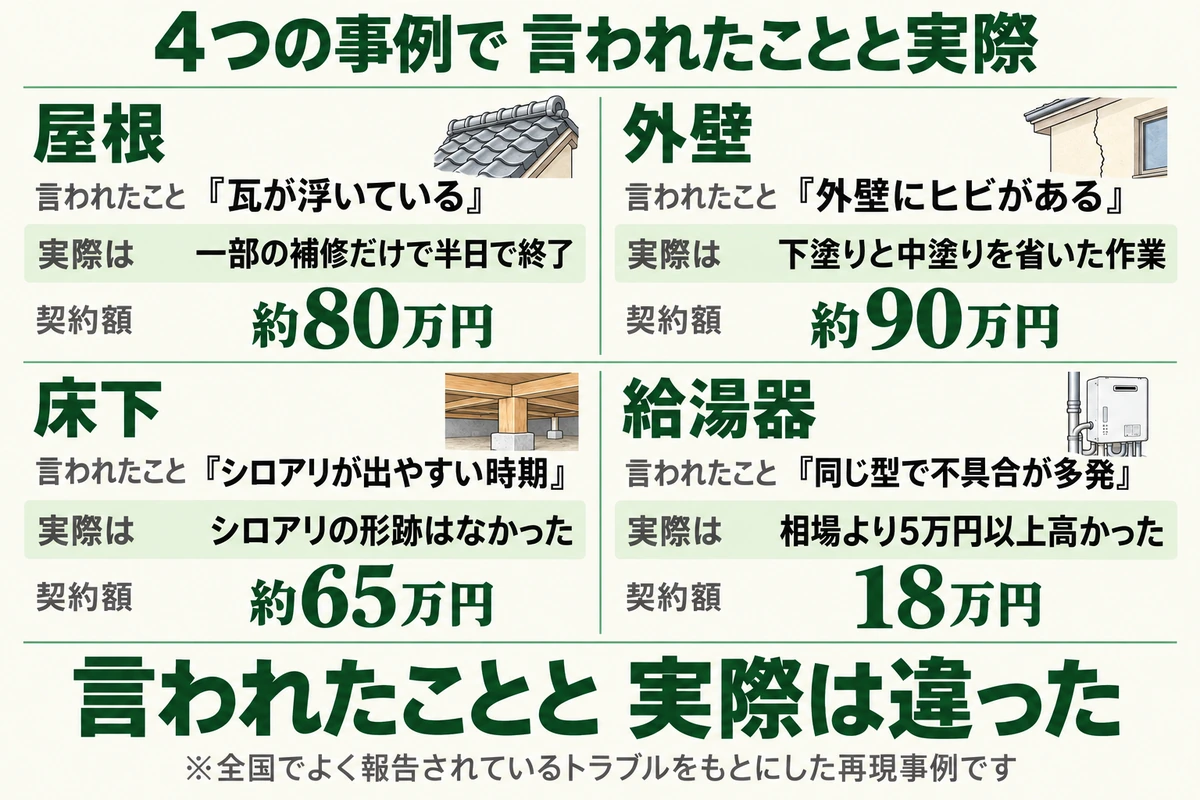 点検商法の4つの再現事例で言われたことと実際を比べた図。屋根は瓦が浮いていると言われ約80万円で一部補修のみ、外壁はヒビがあると言われ約90万円で下塗りと中塗りを省いた作業、床下はシロアリが出やすいと言われ約65万円で形跡なし、給湯器は不具合が多発と言われ18万円で相場より5万円以上高かった