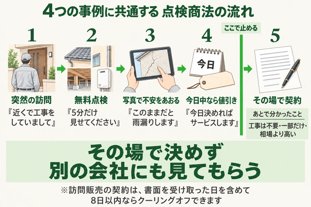 点検商法の事例に共通する流れを示した図。突然の訪問、無料点検、写真で不安をあおる、今日中なら値引きと迫る、その場で契約の順に進み、あとで工事は不要・一部だけ・相場より高いと分かる。その場で決めず別の会社にも見てもらう