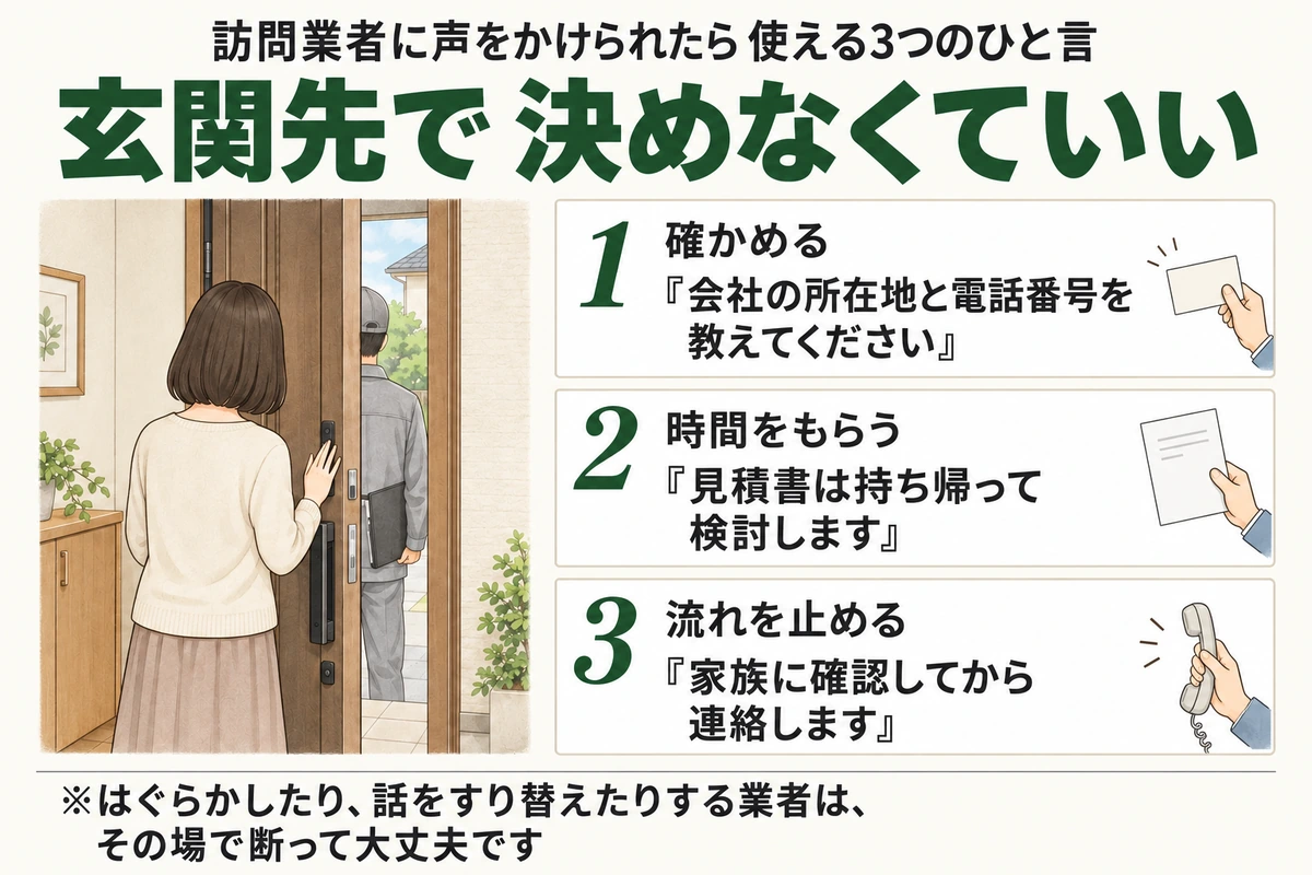 訪問業者に声をかけられたときに使える3つのひと言を示した図。会社の所在地と電話番号を教えてくださいで確かめる、見積書は持ち帰って検討しますで時間をもらう、家族に確認してから連絡しますで流れを止める