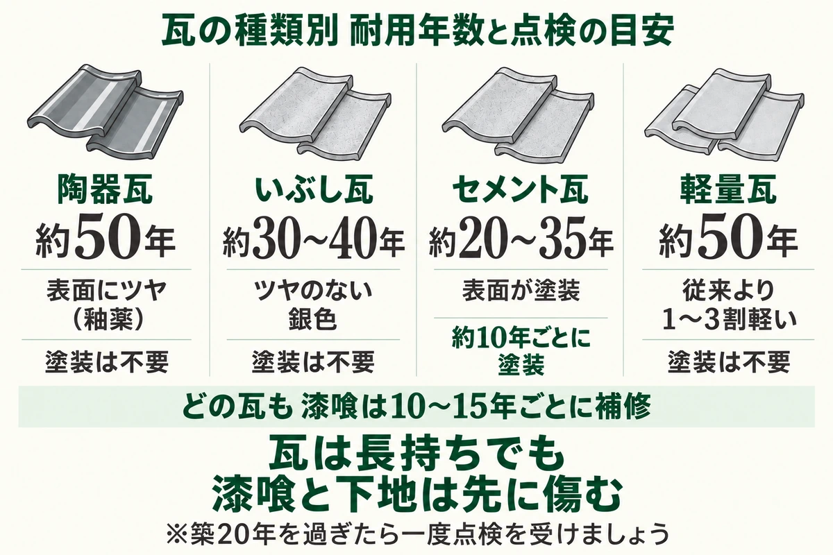瓦の種類別の耐用年数を示した図。陶器瓦は約50年、いぶし瓦は約30〜40年、セメント瓦は約20〜35年で約10年ごとに塗装が必要、軽量瓦は約50年。どの瓦も漆喰は10〜15年ごとに補修が要り、瓦が長持ちでも漆喰と下地は先に傷む