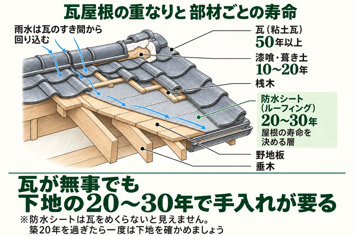 瓦屋根の断面図。上から瓦、桟木、防水シート、野地板、垂木の順に重なり、瓦は50年以上もつが、雨水を最後に止める防水シートは20〜30年、棟の漆喰と葺き土は10〜20年で傷み始めることを示した図