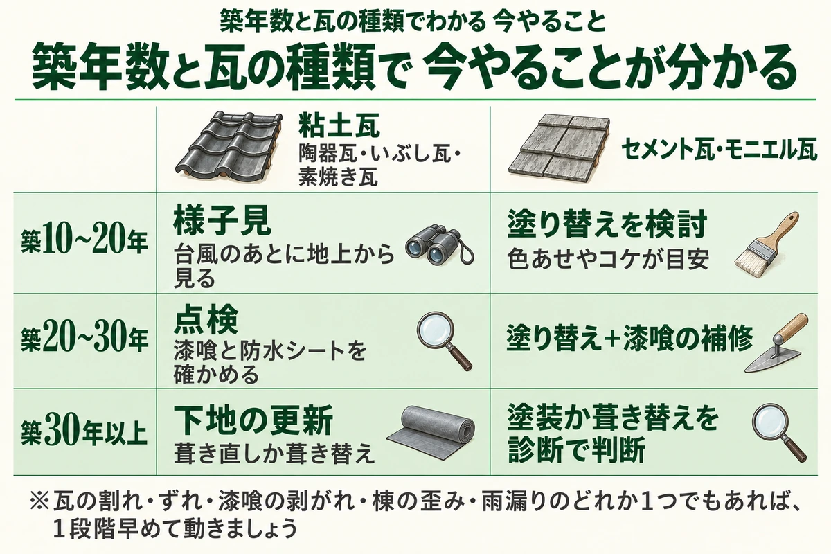築年数と瓦の種類で今やることを判断する表。粘土瓦は築10〜20年は様子見、20〜30年は漆喰と防水シートの点検、30年以上は葺き直しか葺き替えで下地を更新。セメント瓦・モニエル瓦は築10〜20年で塗り替えを検討、20〜30年は塗り替えと漆喰の補修、30年以上は塗装か葺き替えを診断で判断
