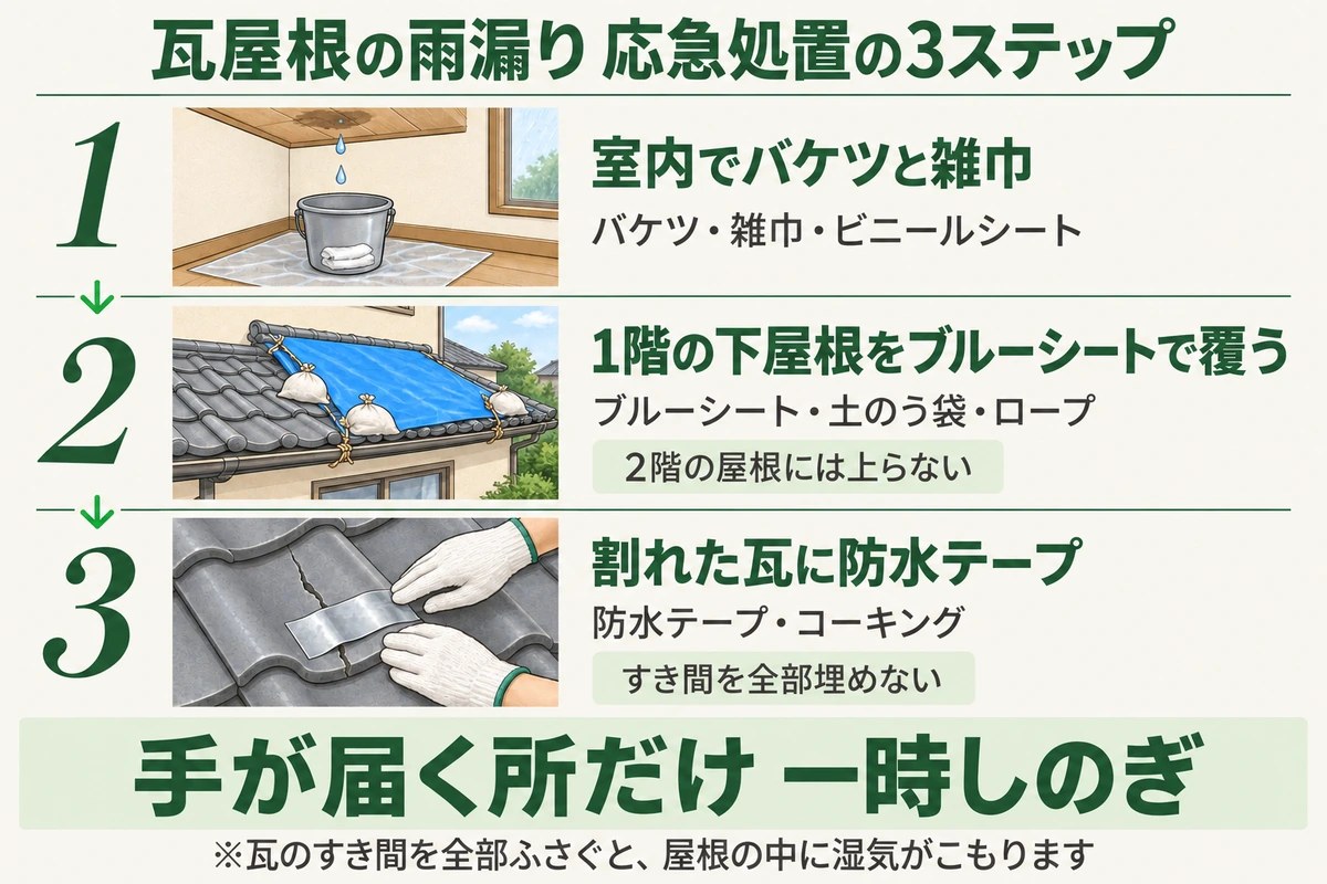 瓦屋根の雨漏りの応急処置3ステップを示した図。室内でバケツと雑巾で水を受け、1階の下屋根だけブルーシートで覆い、割れた瓦に防水テープを貼る。2階の屋根には上らず、瓦のすき間を全部埋めない