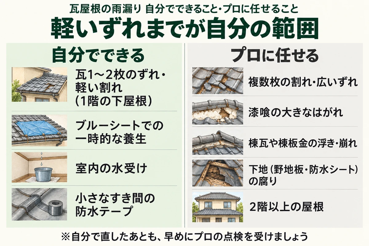 瓦屋根の雨漏りで自分でできることとプロに任せることを比べた図。1階の下屋根の瓦1〜2枚のずれや軽い割れ、ブルーシートでの一時的な養生、室内の水受け、小さなすき間の防水テープは自分でできる。複数枚の割れ・広いずれ、漆喰の大きなはがれ、棟瓦や棟板金の浮き・崩れ、下地の腐り、2階以上の屋根はプロに任せる