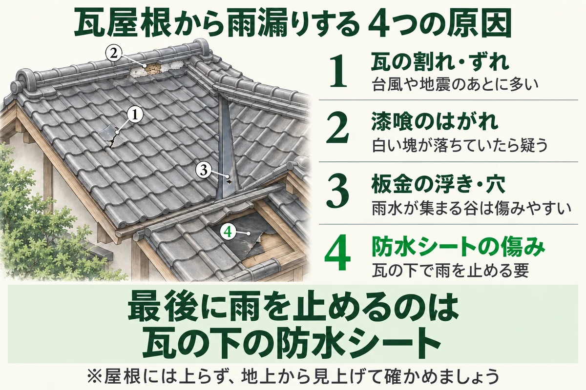 瓦屋根から雨漏りする4つの原因を屋根の断面のイラストで示した図。台風や地震のあとに多い瓦の割れ・ずれ、白い塊が落ちていたら疑う漆喰のはがれ、雨水が集まる谷で傷みやすい板金の浮き・穴、瓦の下で雨を止める防水シートの傷み。最後に雨を止めるのは瓦の下の防水シート