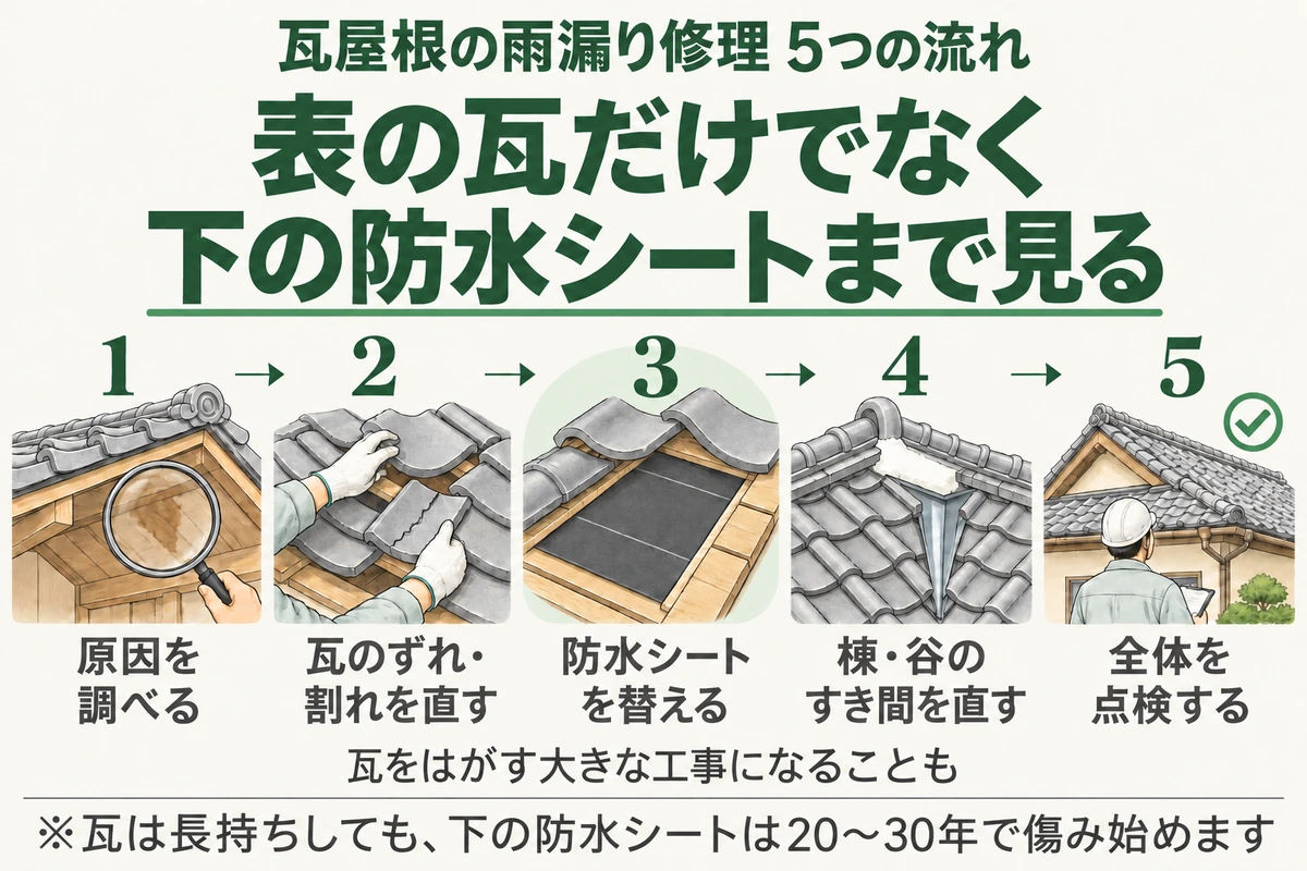 瓦屋根の雨漏り修理5つの流れを示した図。原因を調べ、瓦のずれや割れを直し、必要なら瓦をはがして防水シートを替え、棟や谷のすき間を直し、全体を点検する。表の瓦だけでなく下の防水シートまで見る