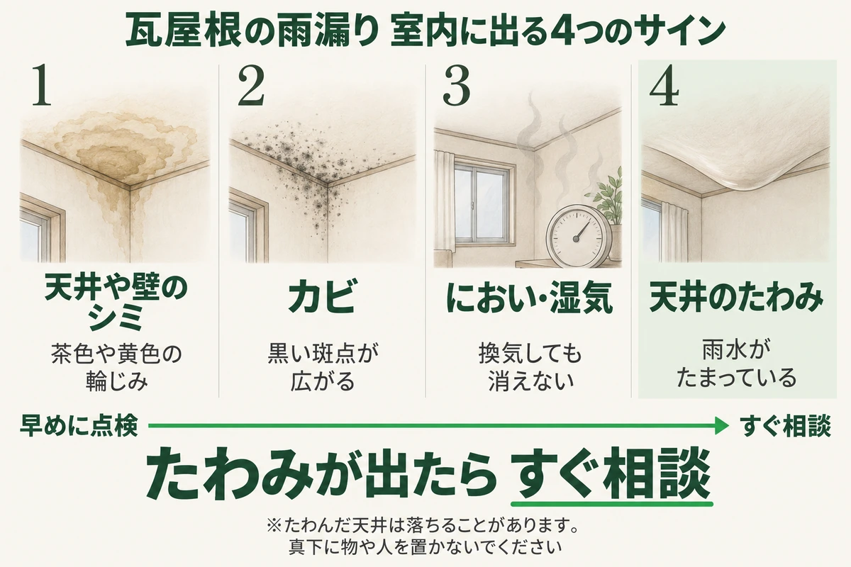 瓦屋根の雨漏りで室内に出る4つのサインを、急ぐ順に示した図。茶色や黄色の輪じみになる天井や壁のシミ、黒い斑点が広がるカビ、換気しても消えないにおい・湿気、雨水がたまっている天井のたわみ。たわみが出たらすぐ相談