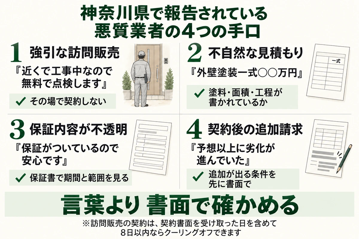 神奈川県で報告されている外壁塗装の悪質業者の4つの手口を示した図。強引な訪問販売、一式表記の不自然な見積もり、保証内容が不透明、契約後の追加請求で、言葉より書面で確かめることが大切