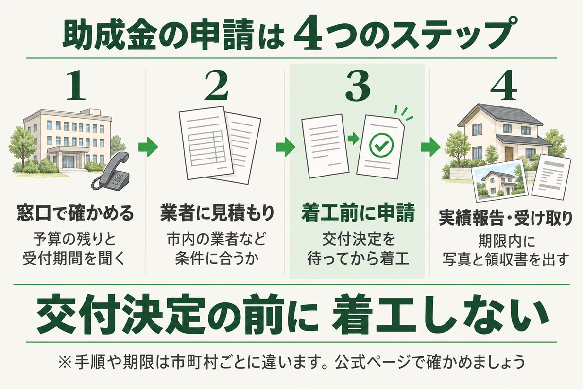 外壁塗装の助成金を申請する4つのステップを示した図。窓口で予算の残りと受付期間を確かめ、市内の業者など条件に合う業者に見積もりを頼み、着工前に申請して交付決定を待ってから着工し、工事のあと期限内に写真と領収書を出して実績報告をして受け取る。交付決定の前に着工しない
