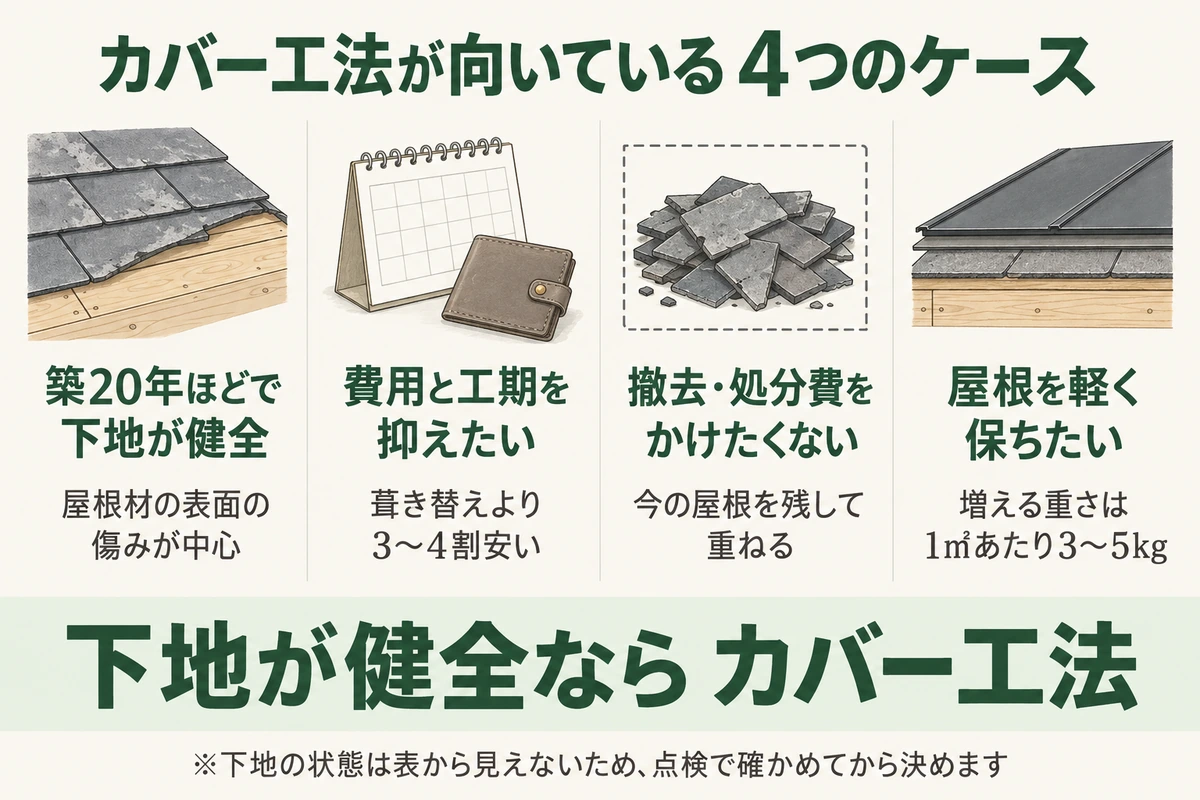 屋根のカバー工法が向いている4つのケースを示した図。築20年ほどで下地が健全、葺き替えより3〜4割安く費用と工期を抑えたい、今の屋根を残して重ねるので撤去・処分費をかけたくない、増える重さは1㎡あたり3〜5kgで屋根を軽く保ちたい。下地が健全ならカバー工法