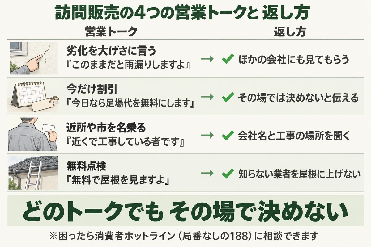 外壁塗装の訪問販売でよくある4つの営業トークと返し方を示した図。『このままだと雨漏りしますよ』と劣化を大げさに言われたらほかの会社にも見てもらい、『今日なら足場代を無料にします』にはその場では決めないと伝え、『近くで工事している者です』には会社名と工事の場所を聞き、『無料で屋根を見ますよ』には知らない業者を屋根に上げない