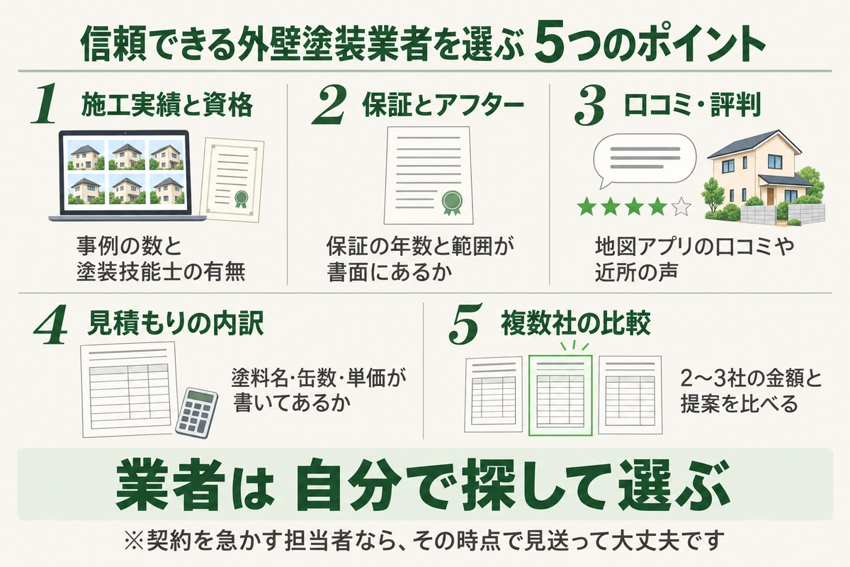信頼できる外壁塗装業者を選ぶ5つのポイントを示した図。施工実績と塗装技能士の有無、保証の年数と範囲が書面にあるか、地図アプリの口コミや近所の声、塗料名・缶数・単価が書かれた見積もりの内訳、2〜3社の金額と提案の比較を確かめ、業者は自分で探して選ぶ