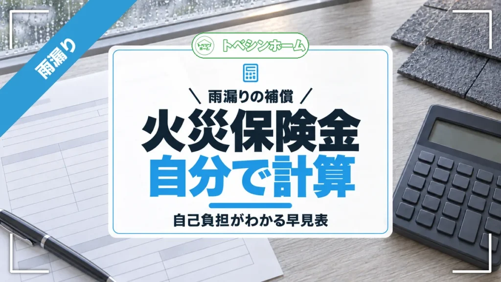 雨漏りの補償｜火災保険金自分で計算｜自己負担がわかる早見表（トベシンホームのコラム「雨漏りで火災保険がいくら出るかは自分で計算できる！自己負担の早見表」のアイキャッチ画像）