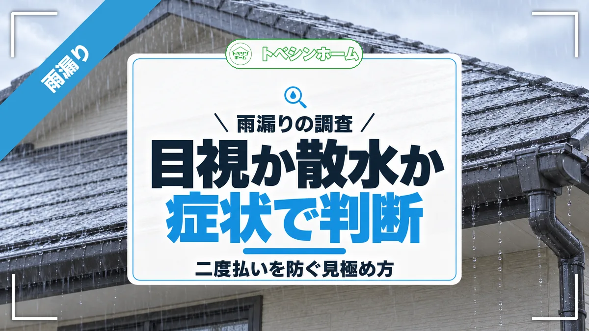 雨漏りの調査｜目視か散水か症状で判断｜二度払いを防ぐ見極め方（トベシンホームのコラム「雨漏り調査で二度払いを防ぐ！症状で決まる目視と散水調査の境目」のアイキャッチ画像）