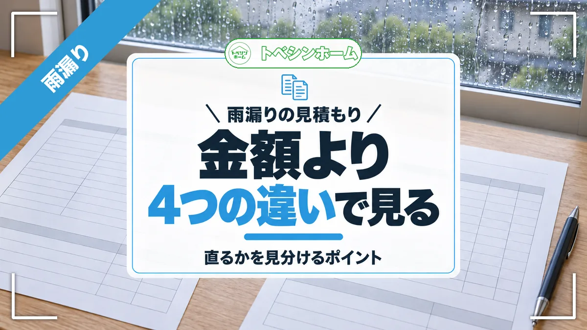 雨漏りの見積もり|金額より4つの違いで見る|直るかを見分けるポイント(トベシンホームのコラム「雨漏りの見積もりは頼み方で変わる!直るかは4つの違いで見分ける」のアイキャッチ画像)