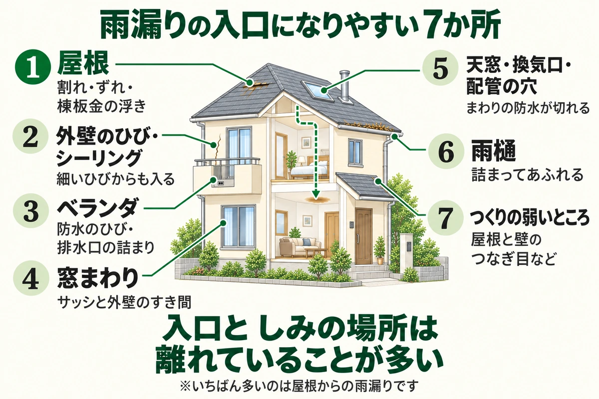 雨漏りの入口になりやすい7か所を家のイラストで示した図。割れ・ずれ・棟板金の浮きがある屋根、細いひびからも入る外壁のひび・シーリング、防水のひびや排水口の詰まりがあるベランダ、サッシと外壁のすき間の窓まわり、まわりの防水が切れる天窓・換気口・配管の穴、詰まってあふれる雨樋、屋根と壁のつなぎ目などつくりの弱いところ。入口としみの場所は離れていることが多い