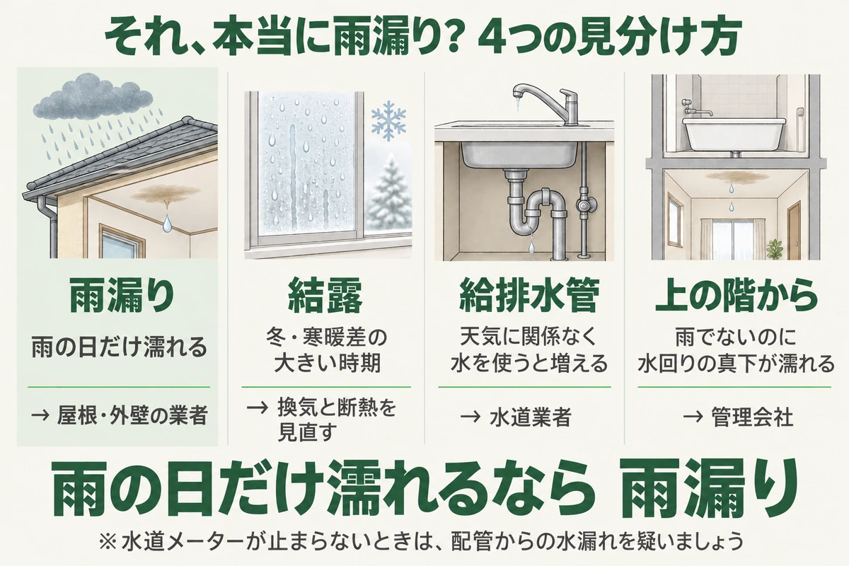 天井の水が雨漏りかどうかを見分ける図。雨の日だけ濡れるなら雨漏りで屋根・外壁の業者へ、冬や寒暖差の大きい時期なら結露で換気と断熱を見直し、天気に関係なく水を使うと増えるなら給排水管で水道業者へ、雨でないのに水回りの真下が濡れるなら上の階からで管理会社へ
