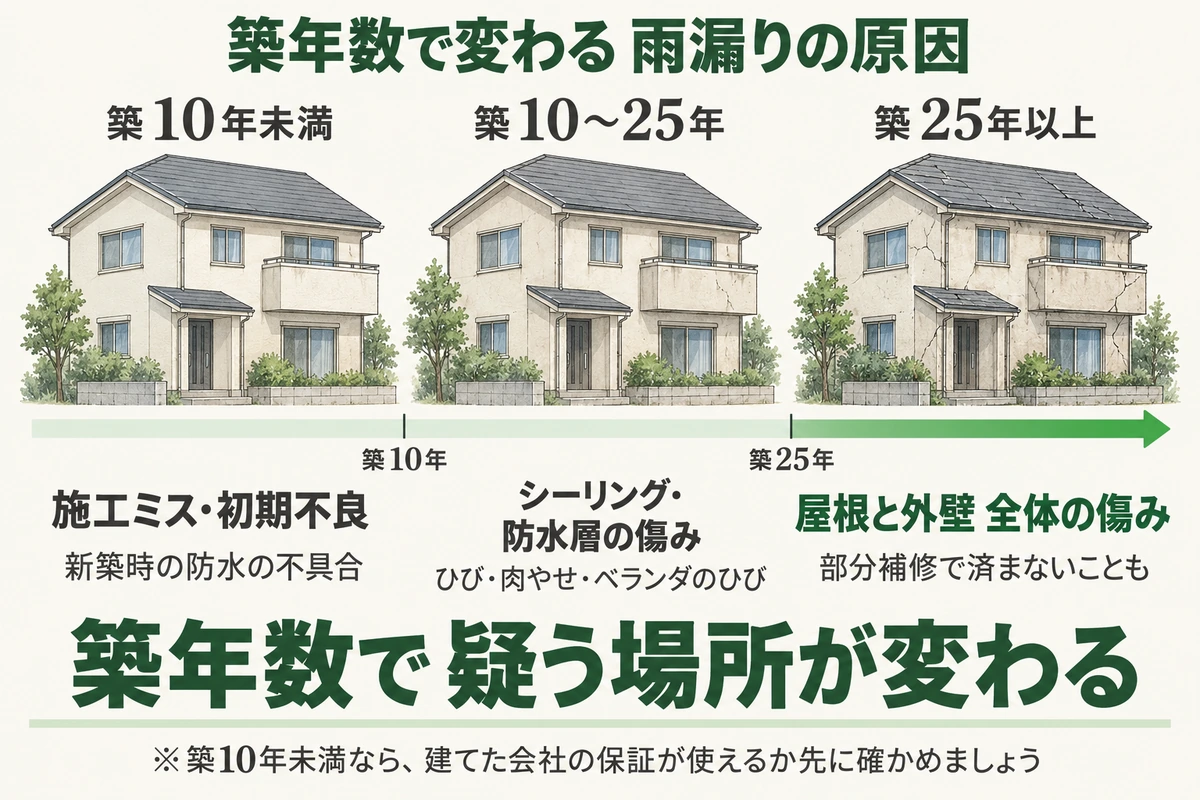 築年数で変わる雨漏りの原因を示した図。築10年未満は新築時の防水の不具合など施工ミス・初期不良、築10〜25年はひび・肉やせ・ベランダのひびなどシーリング・防水層の傷み、築25年以上は部分補修で済まないこともある屋根と外壁全体の傷み。築年数で疑う場所が変わる