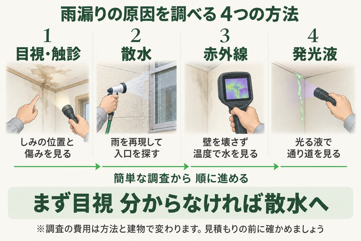 雨漏りの原因を調べる4つの方法を示した図。しみの位置と傷みを見る目視・触診、雨を再現して入口を探す散水、壁を壊さず温度で水を見る赤外線、光る液で通り道を見る発光液。簡単な調査から順に進め、まず目視で分からなければ散水へ