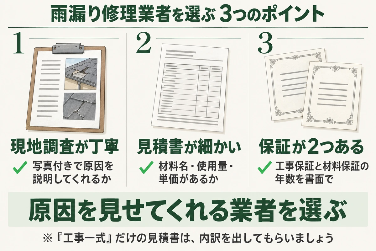 雨漏り修理業者を選ぶ3つのポイントを示した図。現地調査で写真付きで原因を説明してくれるか、見積書に材料名・使用量・単価があるか、工事保証と材料保証の年数が書面にあるかを確かめ、原因を見せてくれる業者を選ぶ