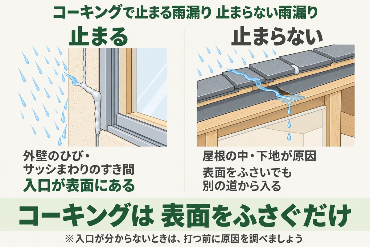 コーキングで止まる雨漏りと止まらない雨漏りを断面で比べた図。外壁のひびやサッシまわりのすき間など入口が表面にあれば止まるが、屋根の中や下地が原因の雨漏りは表面をふさいでも別の道から入るため止まらない。コーキングは表面をふさぐだけ