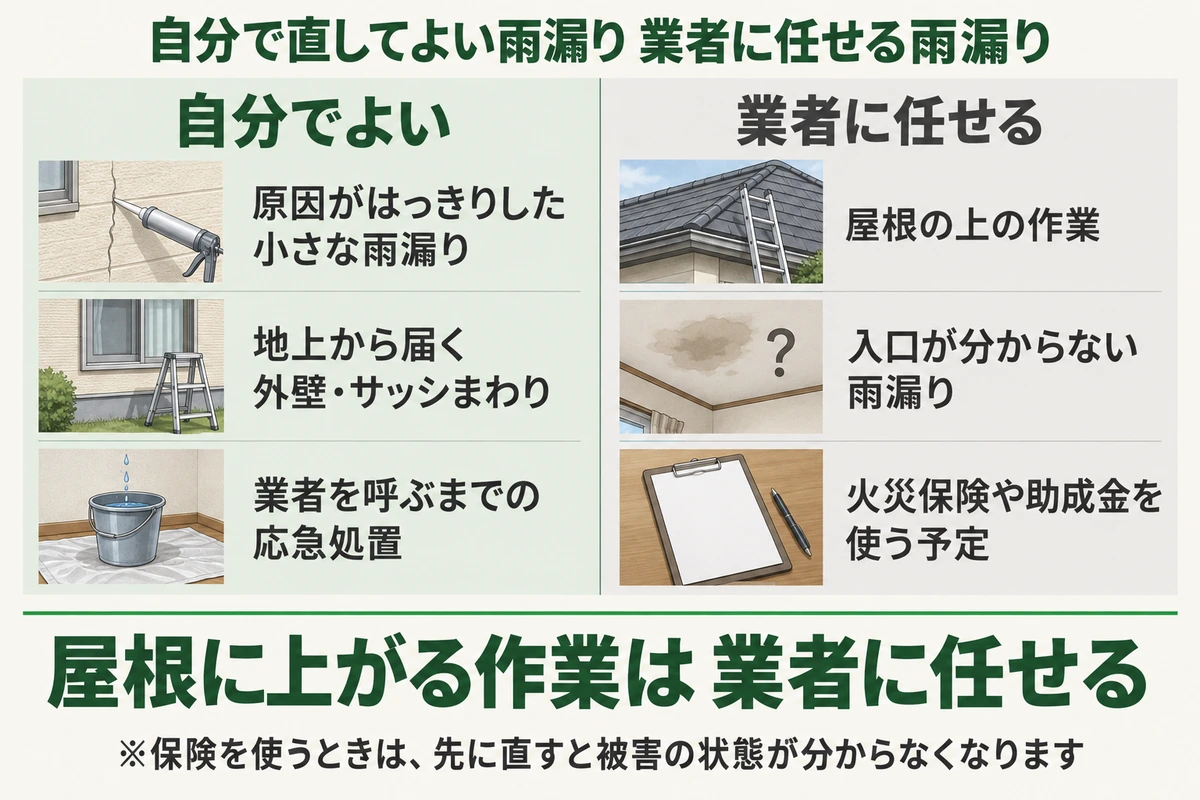 自分で直してよい雨漏りと業者に任せる雨漏りを比べた図。原因がはっきりした小さな雨漏り、地上から届く外壁やサッシまわり、業者を呼ぶまでの応急処置は自分でよい。屋根の上の作業、入口が分からない雨漏り、火災保険や助成金を使う予定のときは業者に任せる
