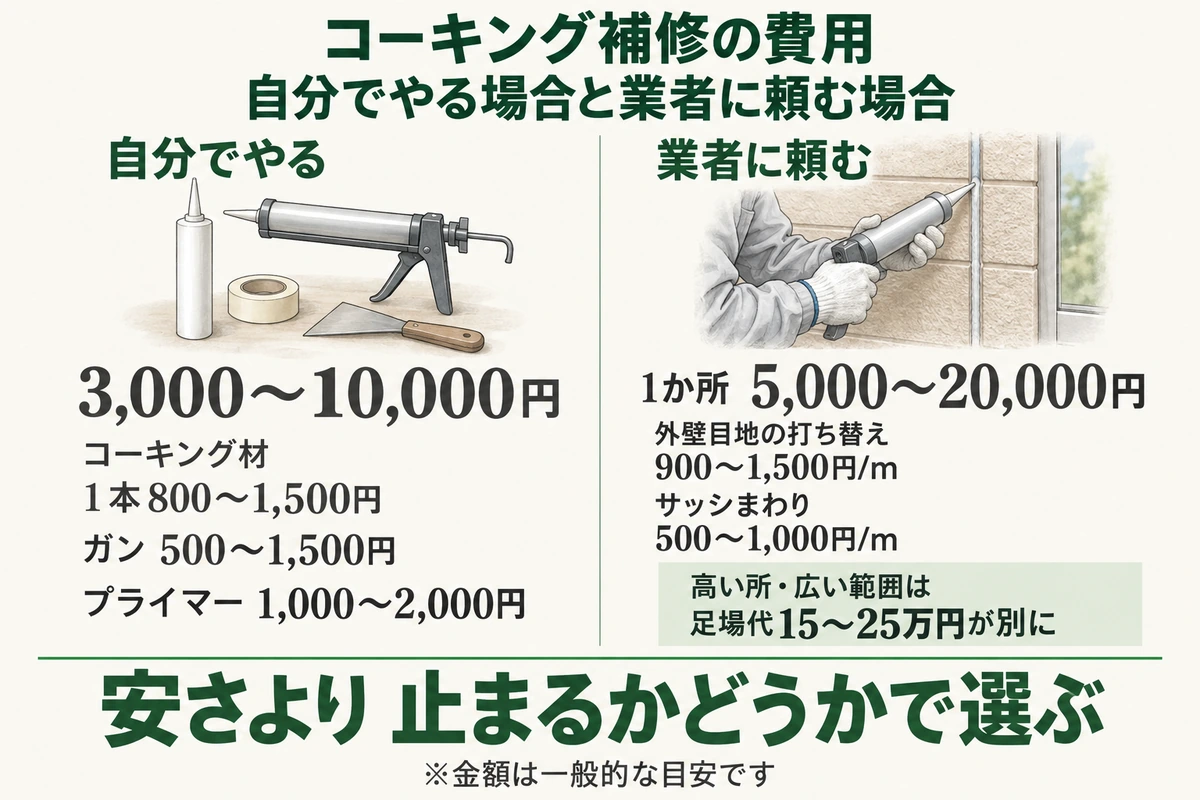 雨漏りのコーキング補修の費用を比べた図。自分でやる場合はコーキング材・ガン・プライマーなどで3,000〜10,000円、業者に頼む場合は1か所5,000〜20,000円(外壁目地の打ち替え900〜1,500円/m、サッシまわり500〜1,000円/m)で、高い所や広い範囲は足場代15〜25万円が別にかかる