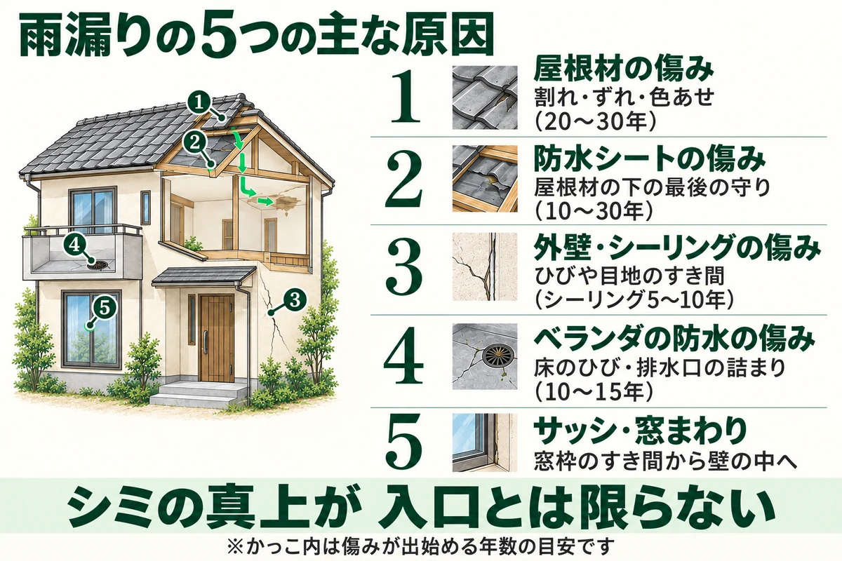 雨漏りの5つの主な原因を家の断面で示した図。割れ・ずれ・色あせなど屋根材の傷み(20〜30年)、屋根材の下の防水シートの傷み(10〜30年)、外壁のひびやシーリングの傷み(5〜10年)、ベランダの床のひびや排水口の詰まり(10〜15年)、サッシ・窓まわりのすき間が雨水の入口になる。シミの真上が入口とは限らない