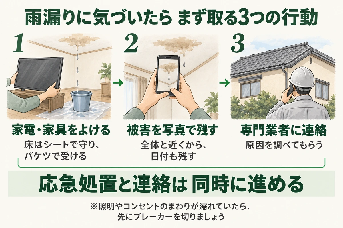 雨漏りに気づいたらまず取る3つの行動を示した図。家電・家具をよけて床をシートで守りバケツで水を受け、被害を全体と近くから日付も残して写真に撮り、専門業者に連絡して原因を調べてもらう。応急処置と連絡は同時に進める