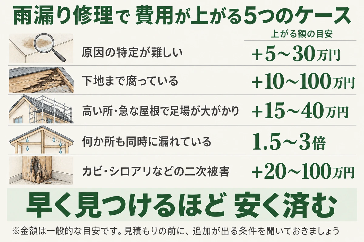 雨漏り修理で費用が上がる5つのケースを示した図。原因の特定が難しいと+5〜30万円、下地まで腐っていると+10〜100万円、高い所や急な屋根で足場が大がかりだと+15〜40万円、何か所も同時に漏れていると1.5〜3倍、カビやシロアリなどの二次被害があると+20〜100万円が目安。早く見つけるほど安く済む